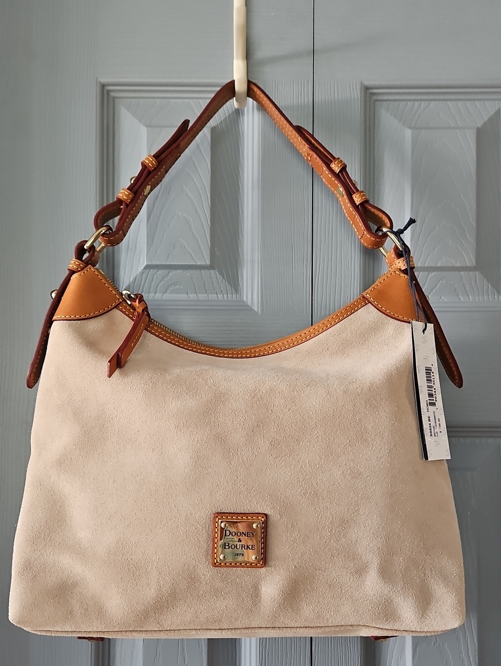 NWT Dooney & Bourke Beige Suede Hobo Bag with Tan Leather Trim